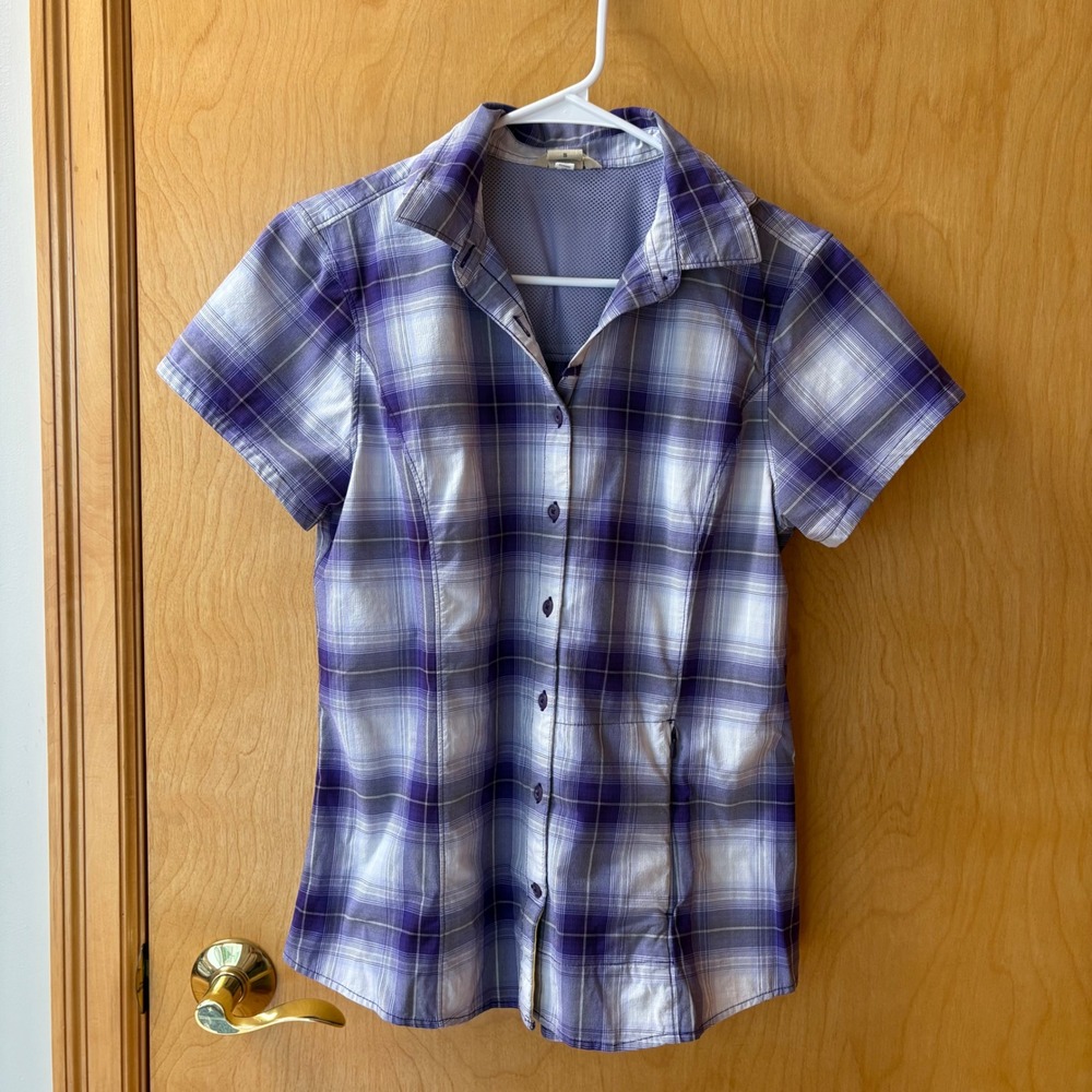 Duluth Trading Co Button Up Shirt Women Small Purple Plaid Short Sleeve Vented